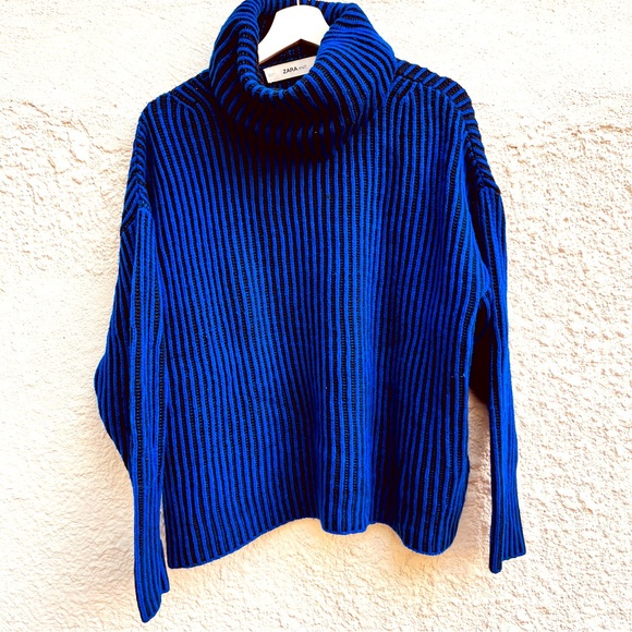 🇪🇸 ZARA oversized striped royal blue and black crop sweater size S - Picture 3 of 11